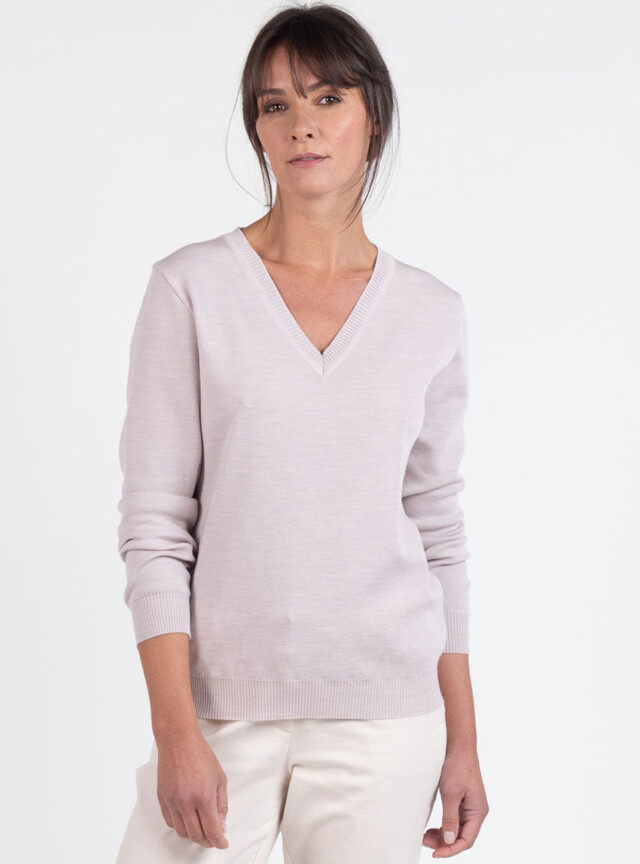 MAISON SOLFIN - Pull femme col V en laine beige naturel