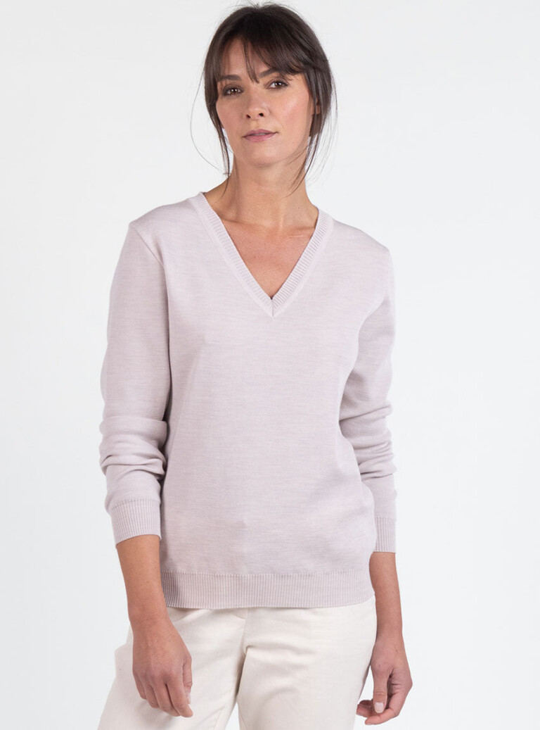 7835 BNL 2 pull col v femme laine merinos beige naturel Maison Solfin - Pull femme col V en laine beige naturel – 48
