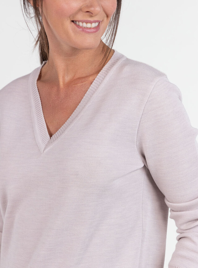 Maison Solfin - Pull femme col V en laine beige naturel – 48