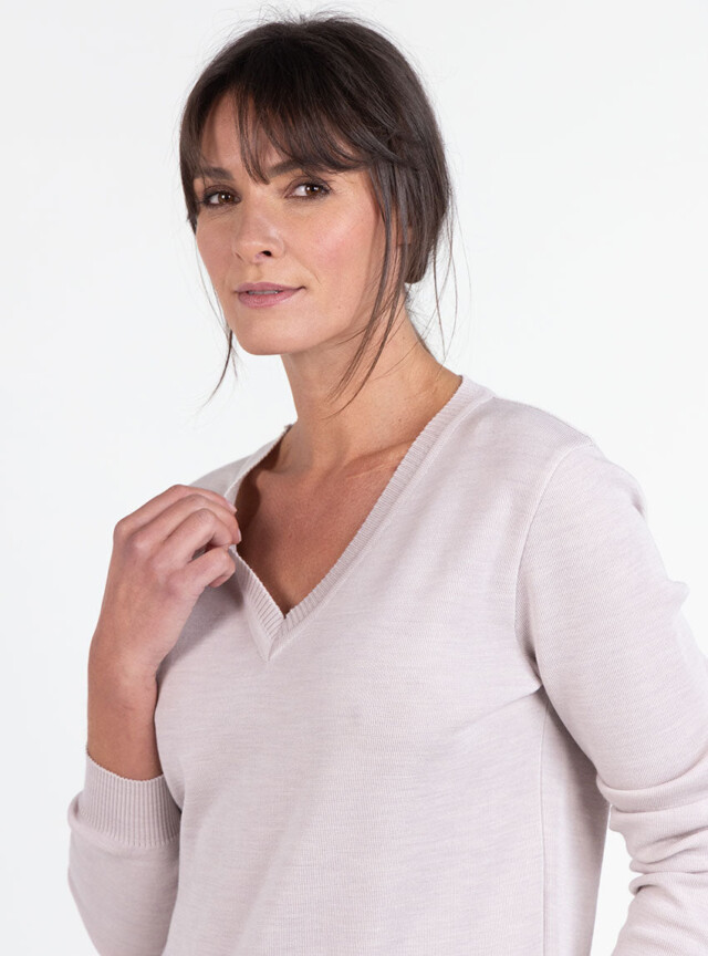 Maison Solfin - Pull femme col V en laine beige naturel – 48