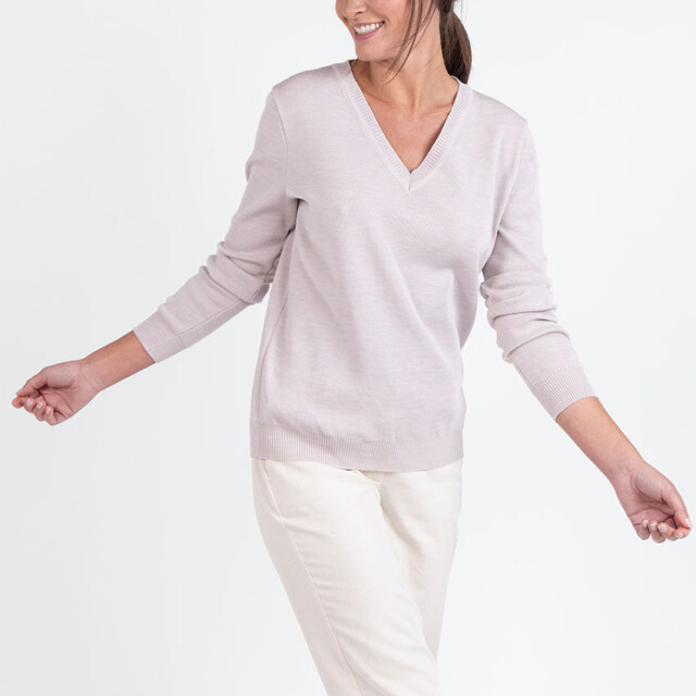 Maison Solfin - Pull femme col V en laine beige naturel – 48
