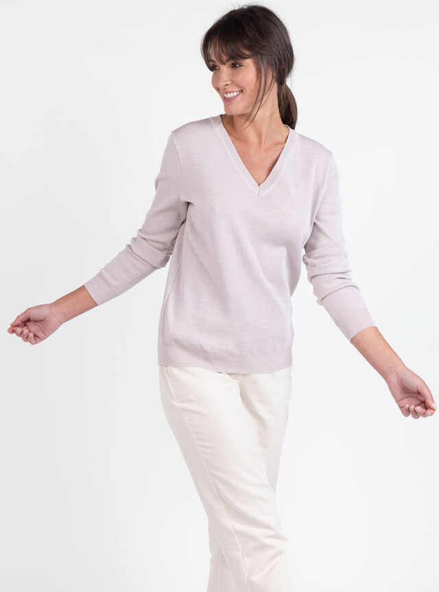 Maison Solfin - Pull femme col V en laine beige naturel – 48