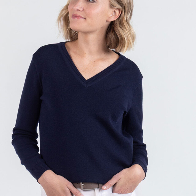 Maison Solfin - Pull femme col V en laine bleu marine – 48