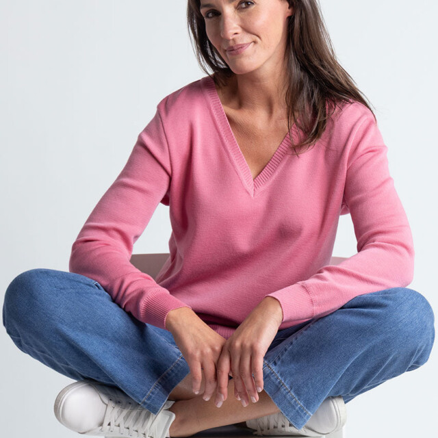 Maison Solfin - Pull femme col V en laine rose fleur – 48