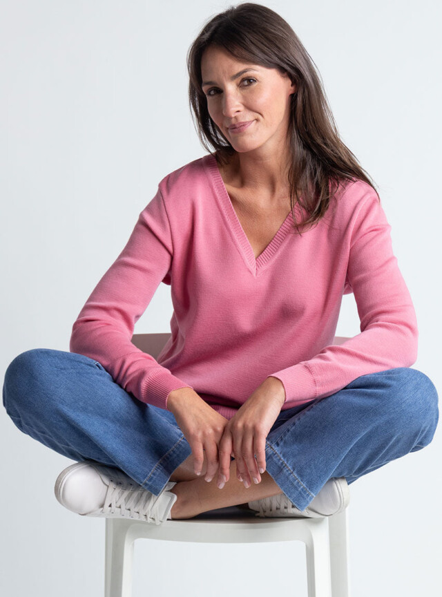 Maison Solfin - Pull femme col V en laine rose fleur – 48