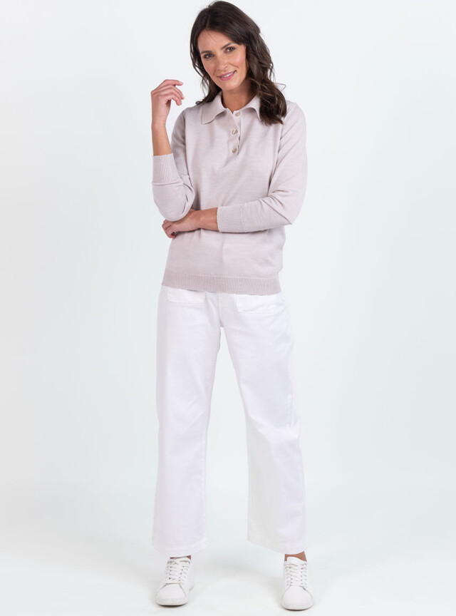 Maison Solfin - Pull femme col polo en laine beige naturel – 50