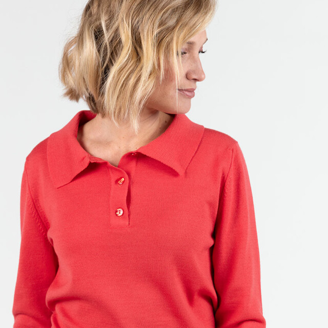 Maison Solfin - Pull femme col polo en laine rouge lumineux – 50