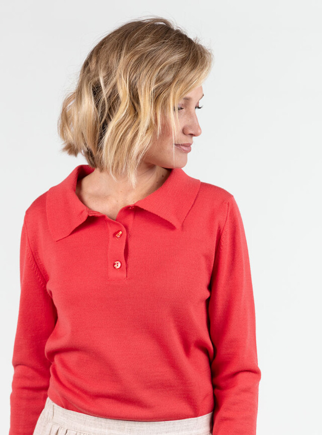 Maison Solfin - Pull femme col polo en laine rouge lumineux – 50