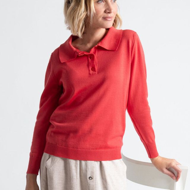 Maison Solfin - Pull femme col polo en laine rouge lumineux – 50