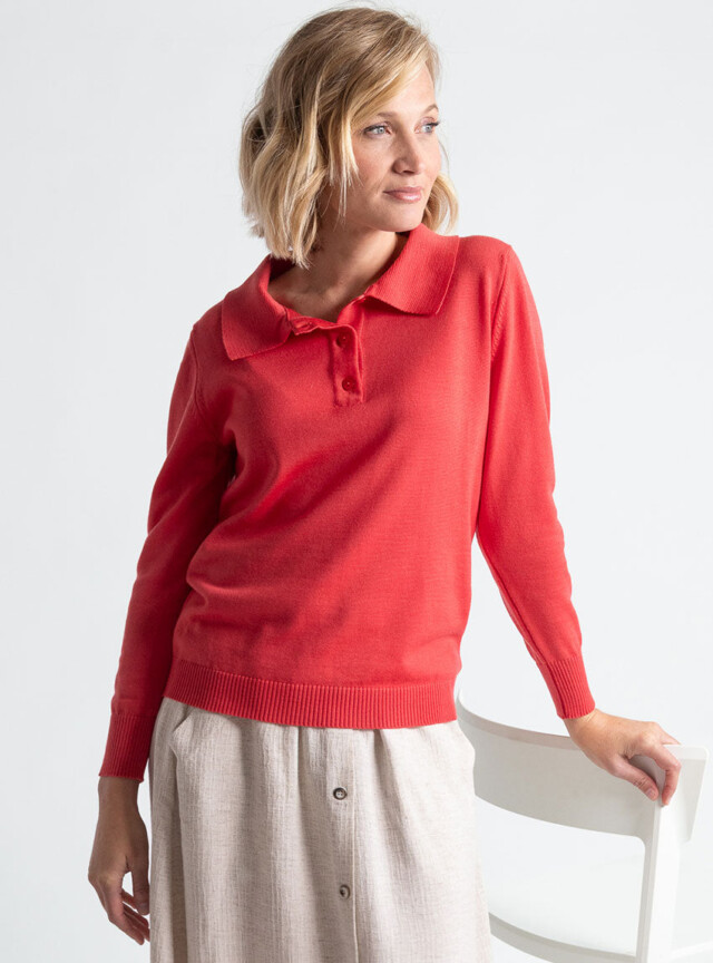 Maison Solfin - Pull femme col polo en laine rouge lumineux – 50