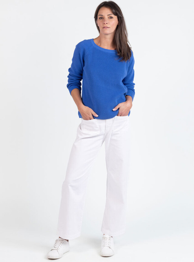 Maison Solfin - Pull femme en maille perlée coton bleu atlantique – 4