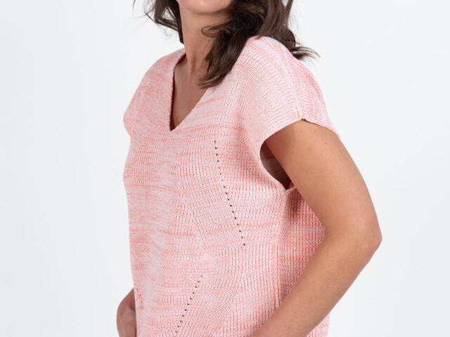 7838 ORM 6 pull sans manches femme coton orange melon Maison Solfin - Pull femme sans manches maille perlée orange melon – 4