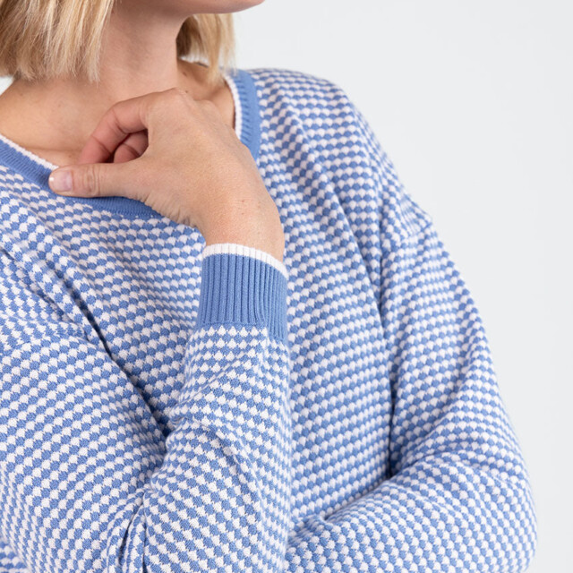 Maison Solfin - Pull femme bicolore en coton bleu pervenche esprit vichy – 50