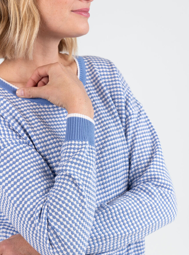 Maison Solfin - Pull femme bicolore en coton bleu pervenche esprit vichy – 50