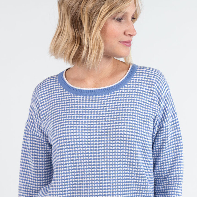 Maison Solfin - Pull femme bicolore en coton bleu pervenche esprit vichy – 50