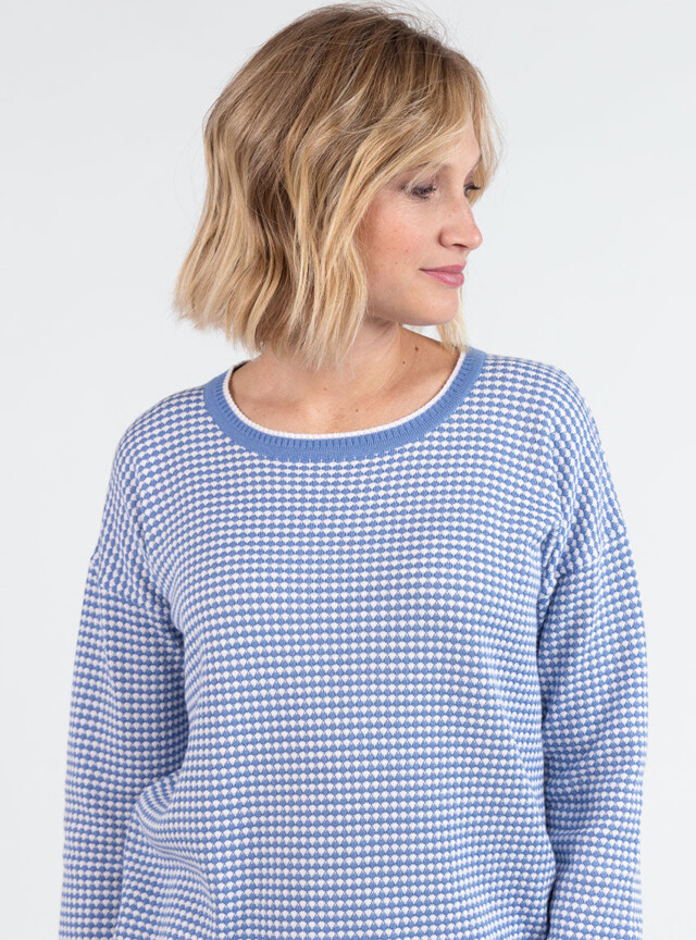 Maison Solfin - Pull femme bicolore en coton bleu pervenche esprit vichy – 50