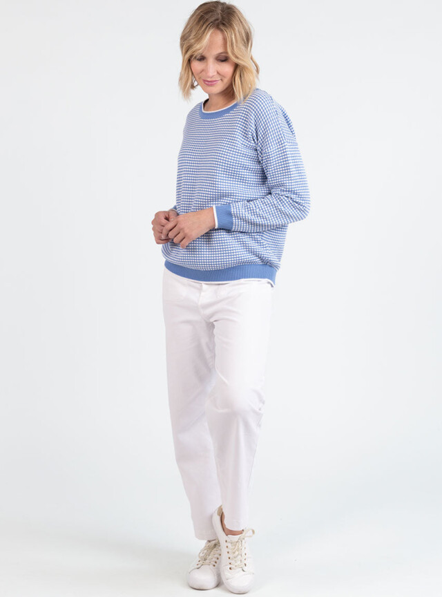 Maison Solfin - Pull femme bicolore en coton bleu pervenche esprit vichy – 50