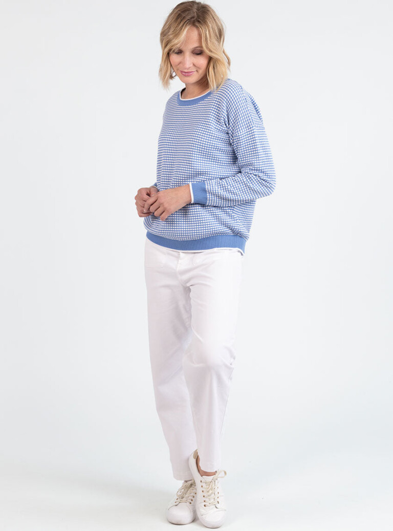Maison Solfin - Pull femme bicolore en coton bleu pervenche esprit vichy – 50
