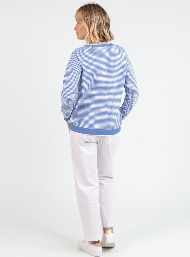 Maison Solfin - Pull femme bicolore en coton bleu pervenche esprit vichy – 50