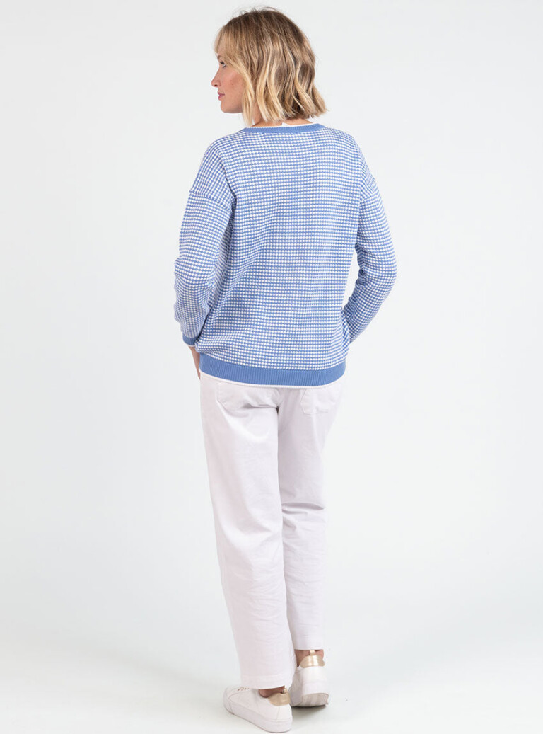 Maison Solfin - Pull femme bicolore en coton bleu pervenche esprit vichy – 50