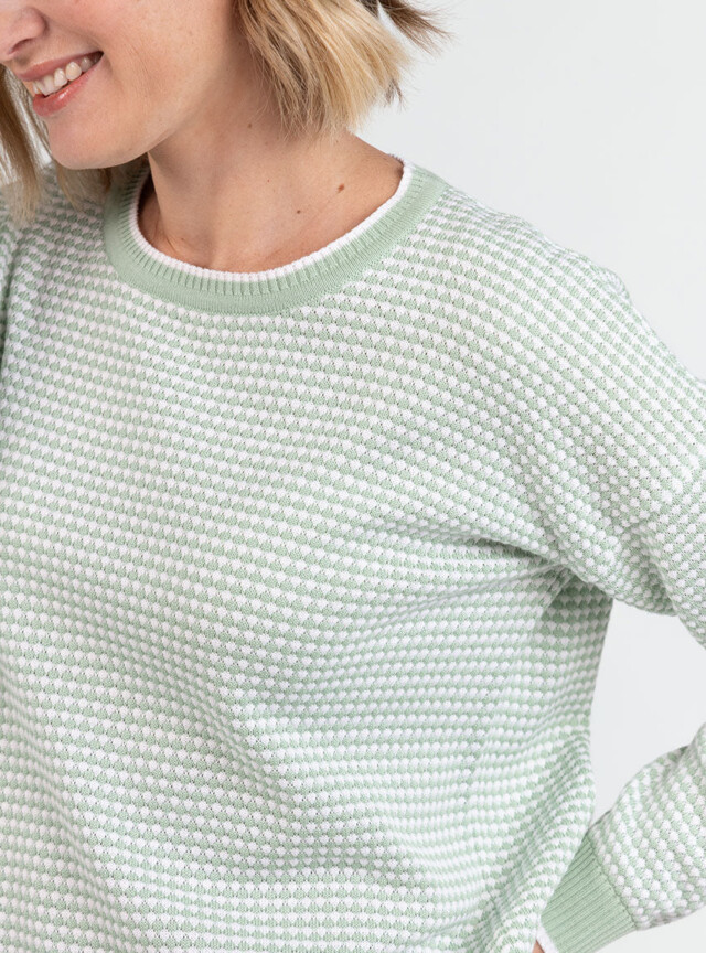 Maison Solfin - Pull femme bicolore en coton vert amande esprit vichy – 50