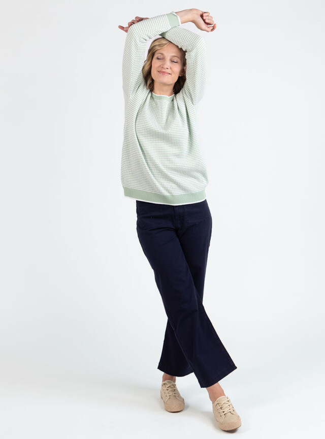 Maison Solfin - Pull femme bicolore en coton vert amande esprit vichy – 50