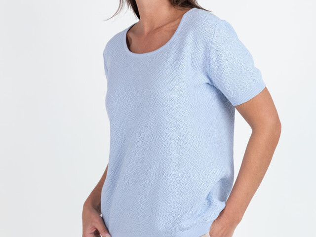 7841 BAZ 5 pull femme coton bleu azur Maison Solfin - Pull femme manches courtes coton bleu azur – 48