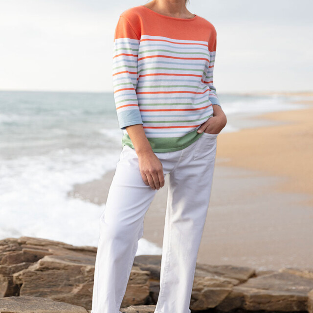 Maison Solfin - Pull femme rayé en coton orange melon – 50