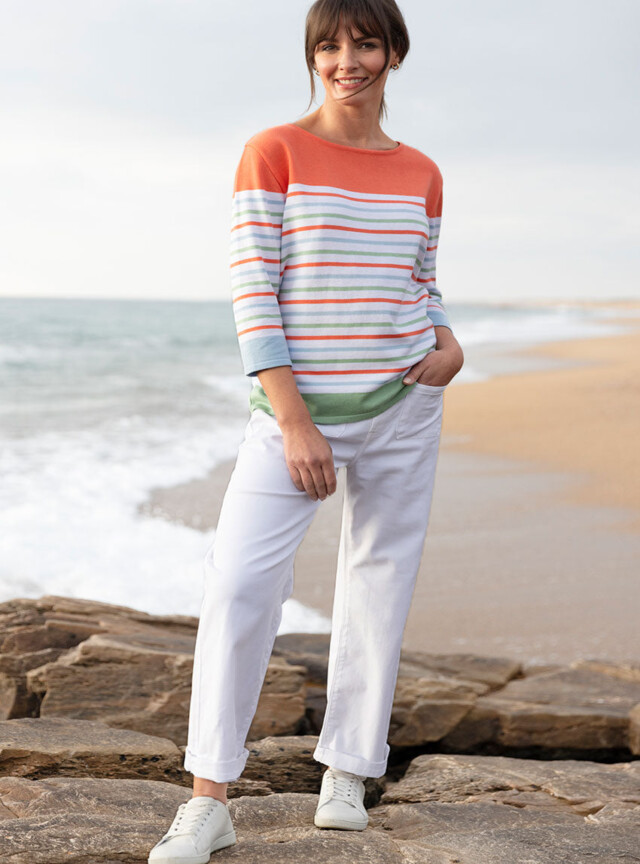 Maison Solfin - Pull femme rayé en coton orange melon – 50