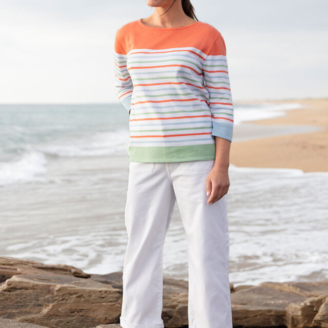 Maison Solfin - Pull femme rayé en coton orange melon – 50