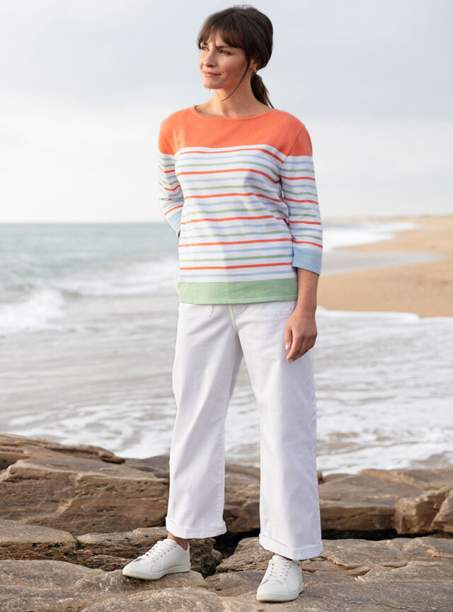 Maison Solfin - Pull femme rayé en coton orange melon – 50