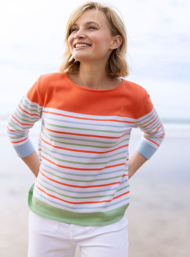 MAISON SOLFIN - Pull femme rayé en coton orange melon