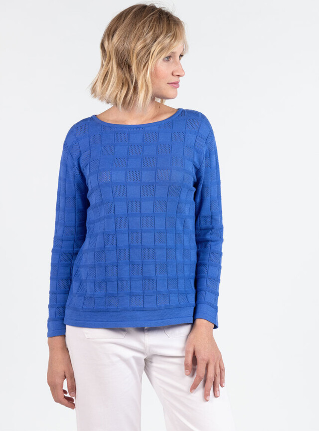 MAISON SOLFIN - Pull femme ajouré en coton bleu atlantique