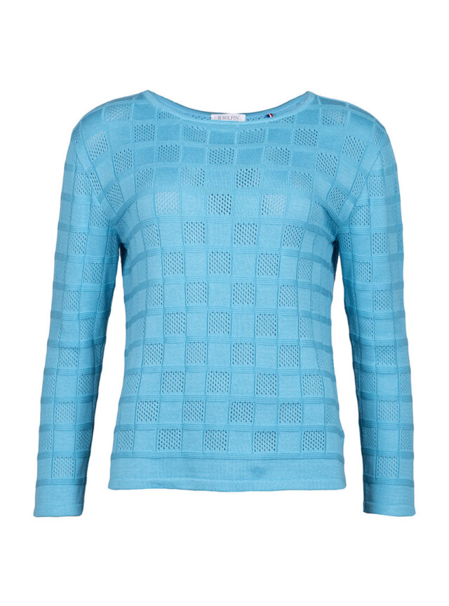 Maison Solfin - Pull femme ajouré en coton bleu turquoise – 4