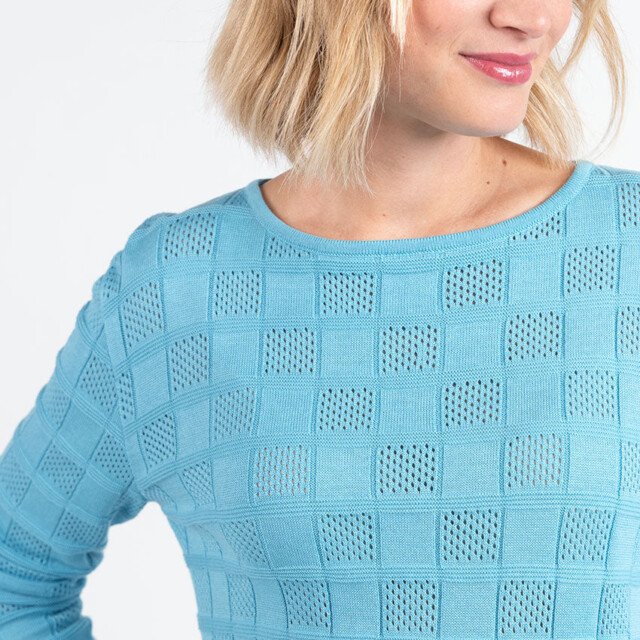 Maison Solfin - Pull femme ajouré en coton bleu turquoise – 4