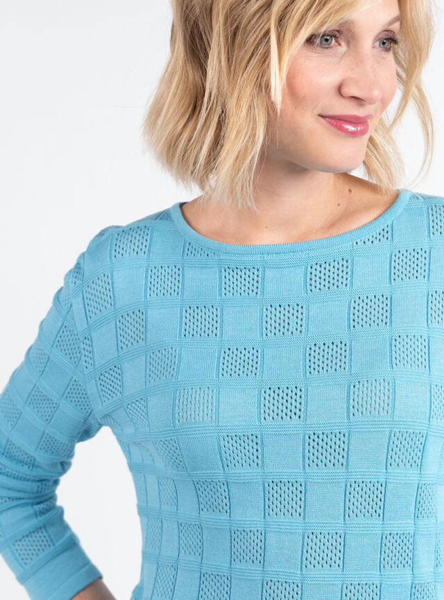 Maison Solfin - Pull femme ajouré en coton bleu turquoise – 4