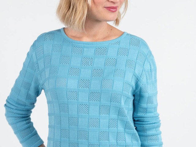 7845 BTU 5 pull femme coton bleu turquoise Maison Solfin - Pull femme ajouré en coton bleu turquoise – 4