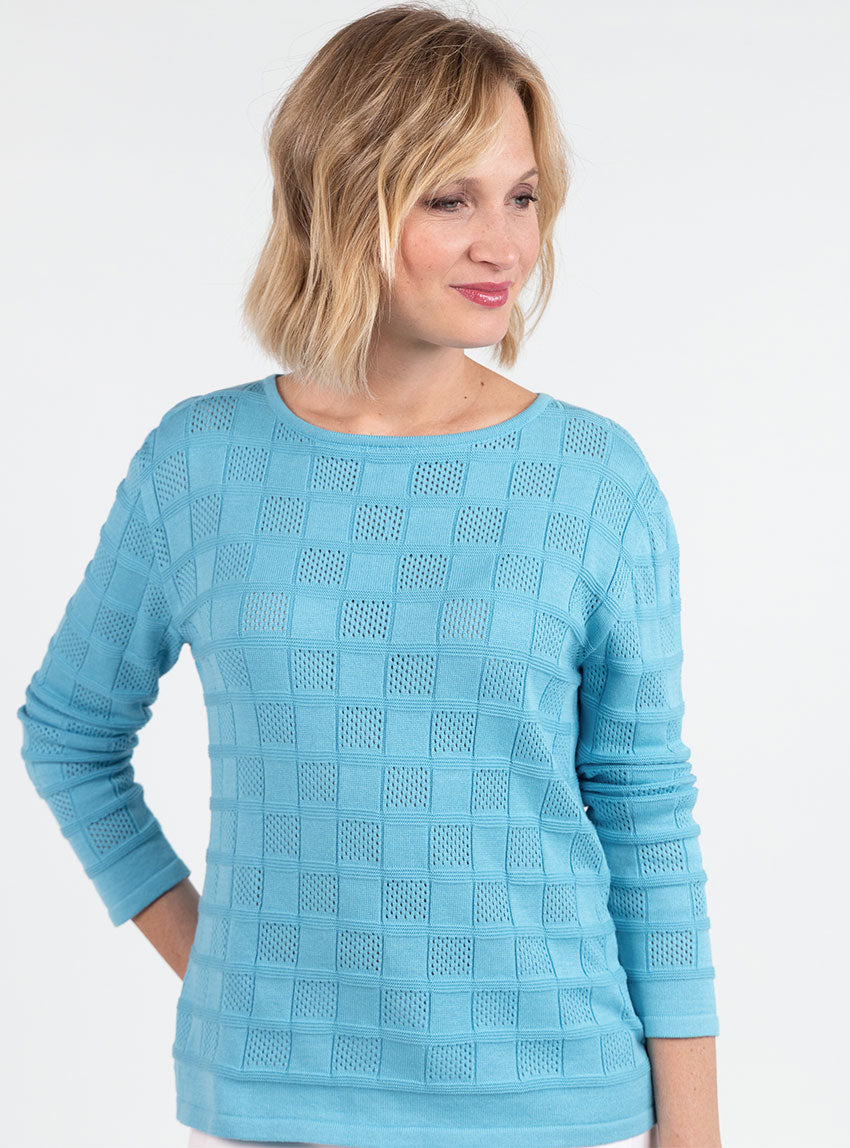 7845 BTU 5 pull femme coton bleu turquoise Maison Solfin - Pull femme ajouré en coton bleu turquoise – 4