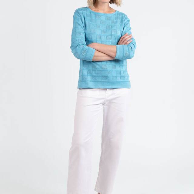 Maison Solfin - Pull femme ajouré en coton bleu turquoise – 4