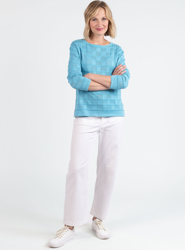Maison Solfin - Pull femme ajouré en coton bleu turquoise – 4