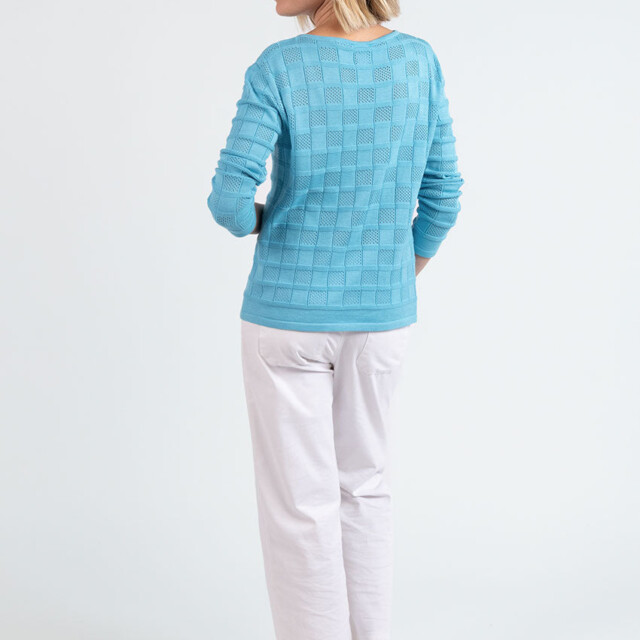 Maison Solfin - Pull femme ajouré en coton bleu turquoise – 4