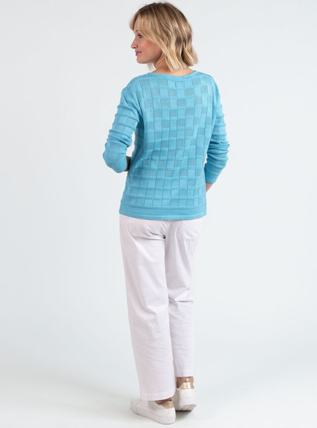 Maison Solfin - Pull femme ajouré en coton bleu turquoise – 4