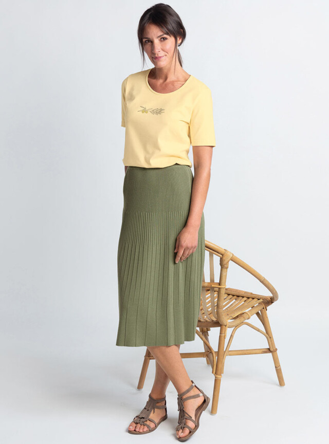 MAISON SOLFIN - Jupe plissée femme fluide en viscose vert kaki