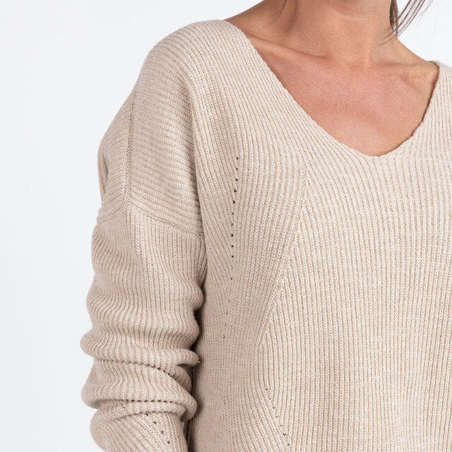 Maison Solfin - Pull femme maille ajourée coton beige lin – 4