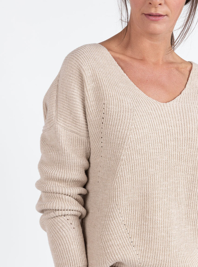 Maison Solfin - Pull femme maille ajourée coton beige lin – 4