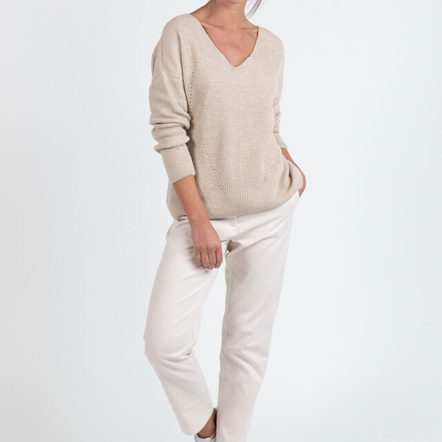 Maison Solfin - Pull femme maille ajourée coton beige lin – 4