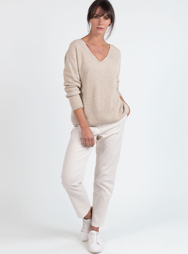 Maison Solfin - Pull femme maille ajourée coton beige lin – 4