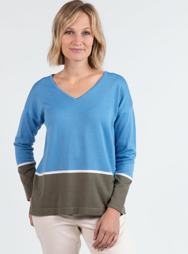 MAISON SOLFIN - Pull femme col V coton bleu pacifique