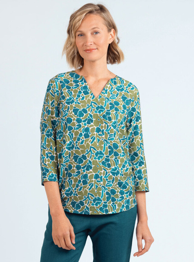 Blouse femme viscose floral bleu paon par la marque MAISON SOLFIN MAISON SOLFIN - Blouse femme viscose floral bleu paon