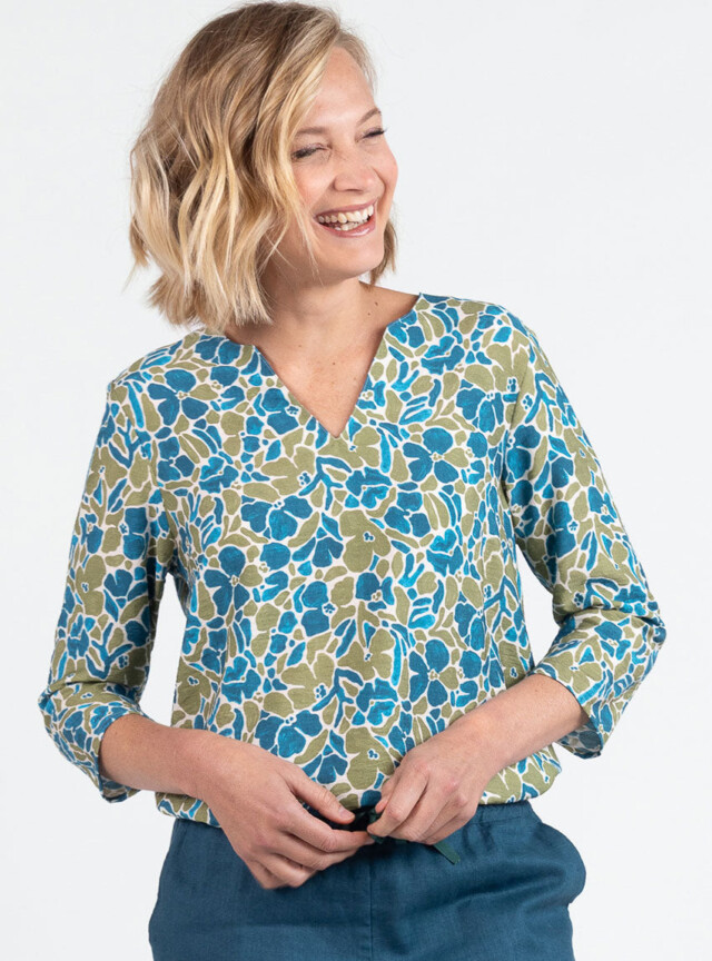 Maison Solfin - Blouse femme viscose floral bleu paon – 52